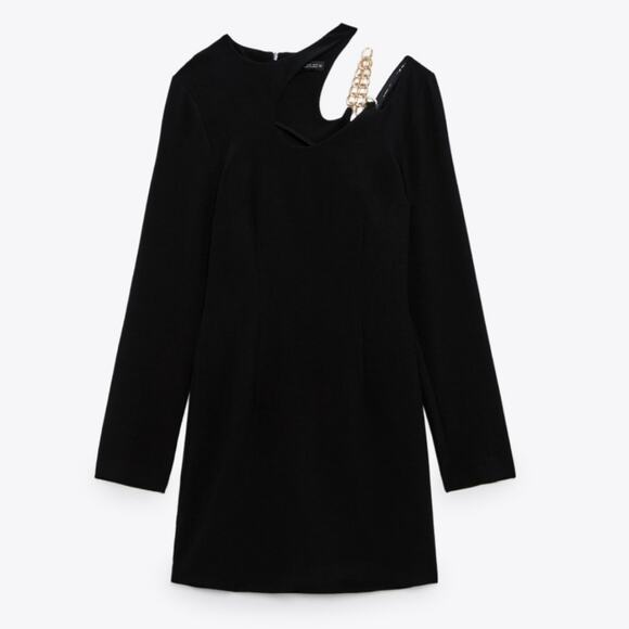 Zara Black Cut Out Gold Chain Mini Dress Size S - Picture 8 of 11